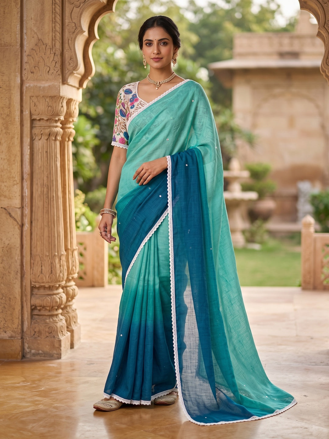 Peachmode Teal Blue Ombre Linen Cotton Saree - Image 1