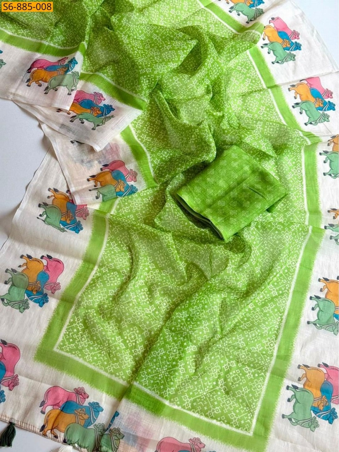 Peachmode Lime Green Pichwai Printed Linen Saree - Image 2