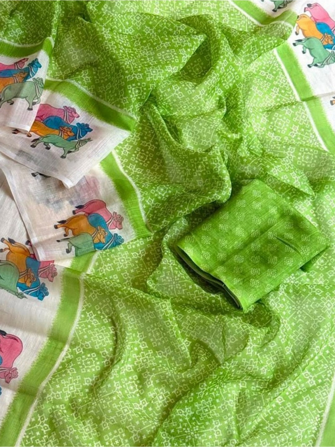 Peachmode Lime Green Pichwai Printed Linen Saree - Image 3