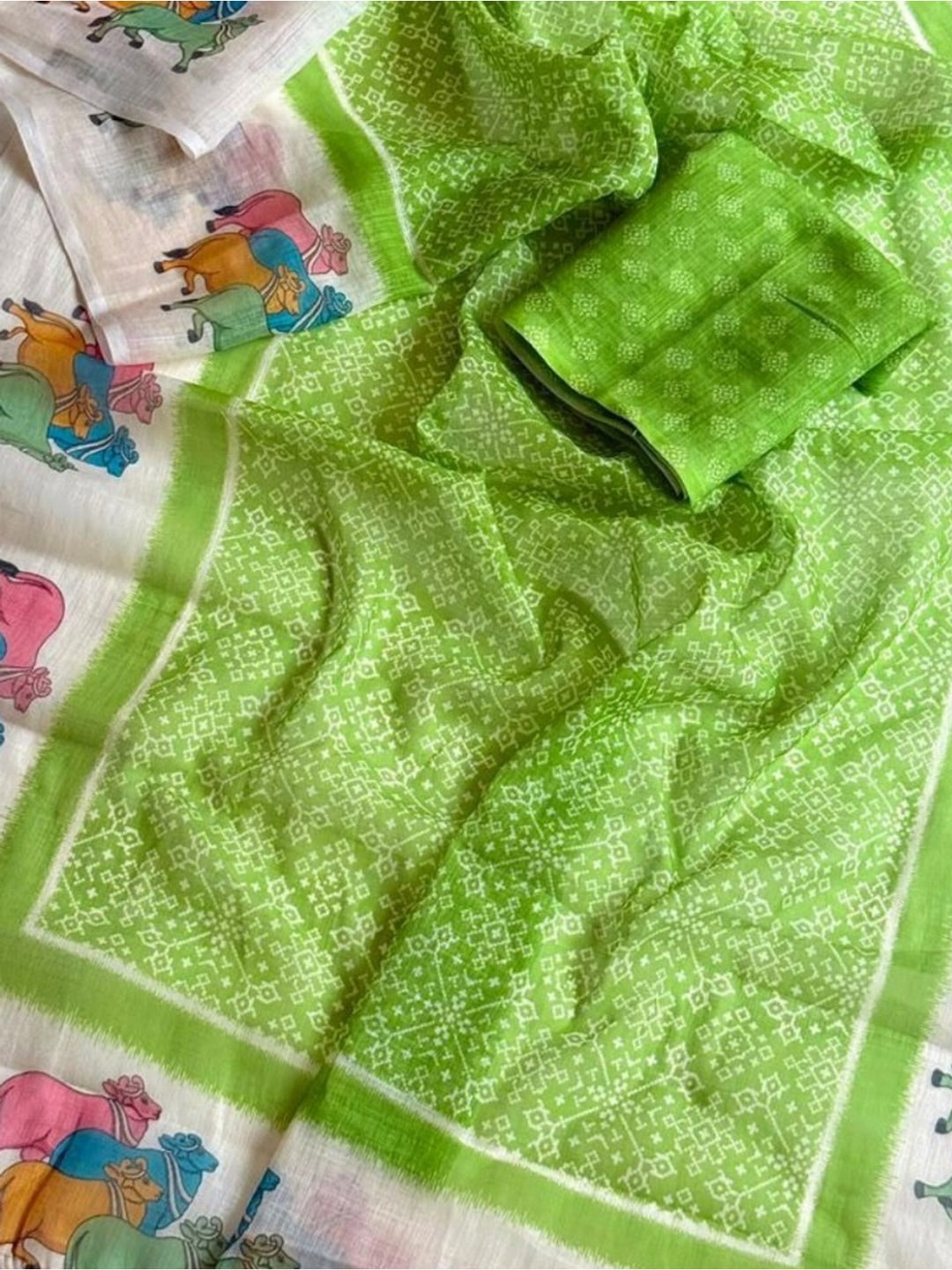 Peachmode Lime Green Pichwai Printed Linen Saree - Image 5