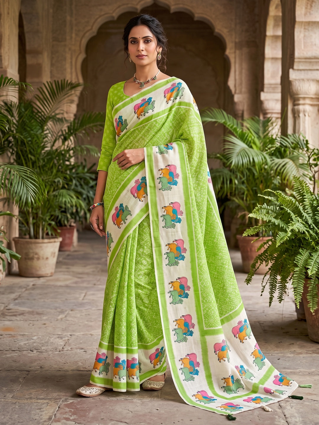 Peachmode Lime Green Pichwai Printed Linen Saree - Image 1