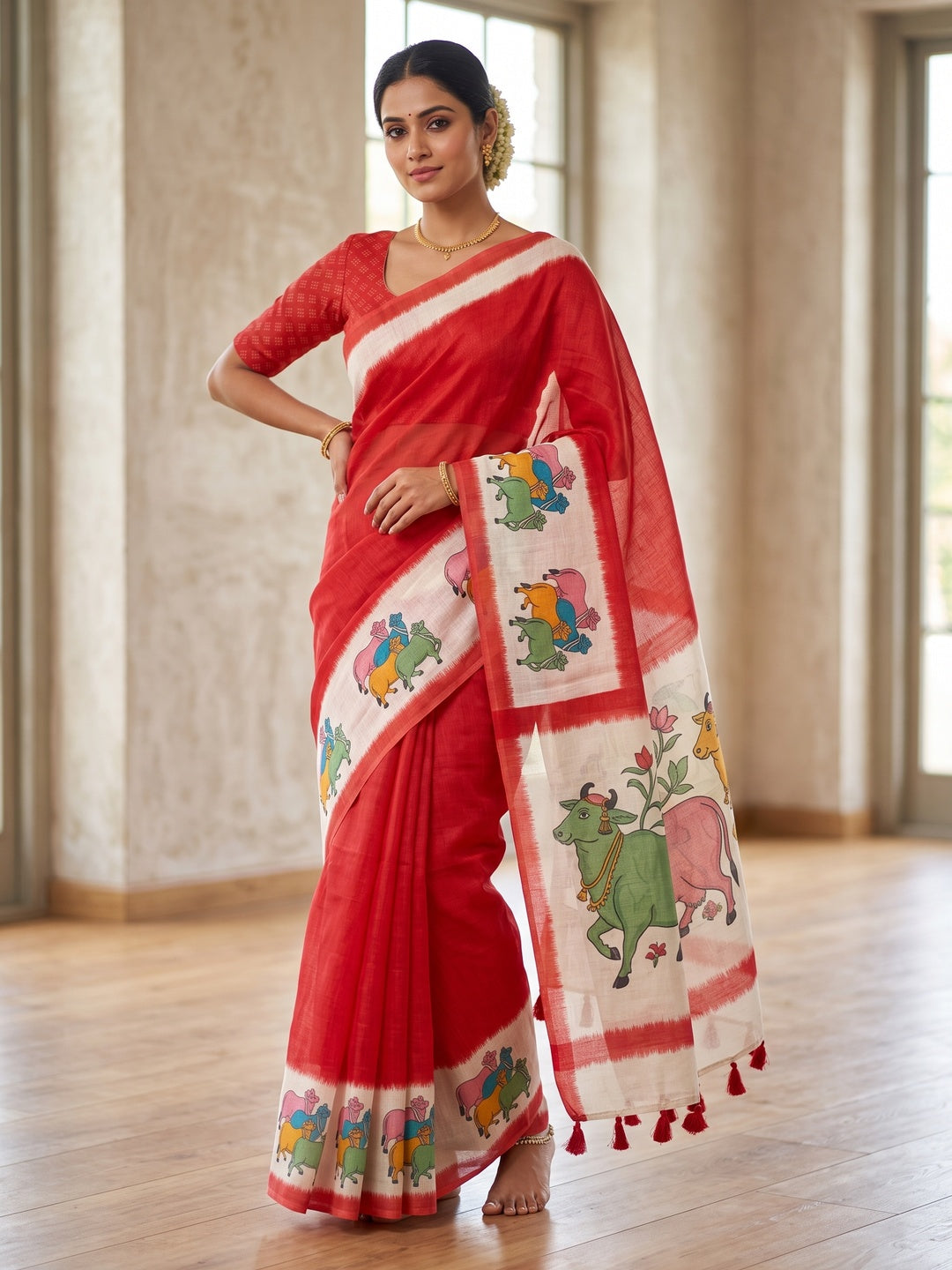 Peachmode Red Pichwai Printed Linen Saree - Image 1