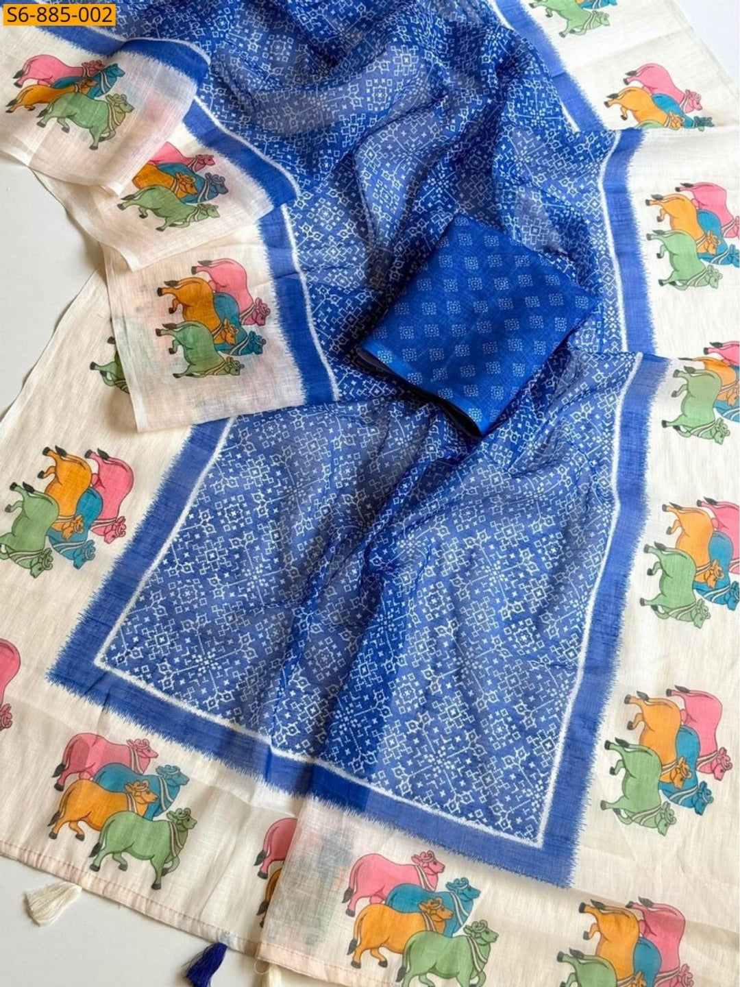 Peachmode Blue Pichwai Printed Linen Saree - Image 2