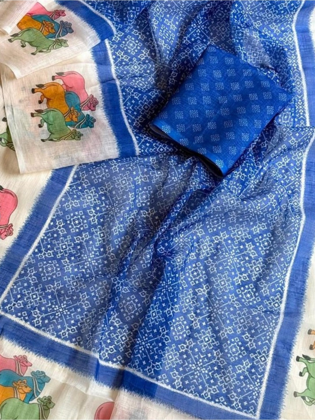 Peachmode Blue Pichwai Printed Linen Saree - Image 4
