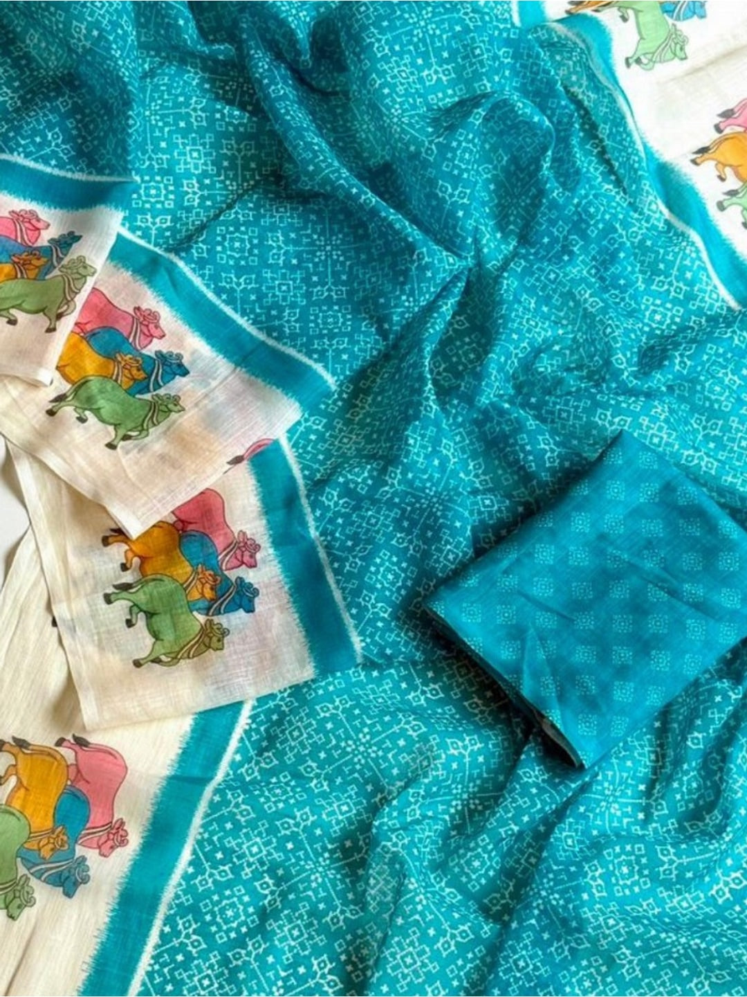 Peachmode Teal Pichwai Printed Linen Saree - Image 3