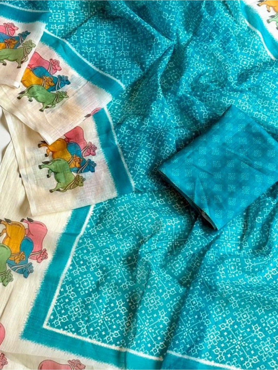 Peachmode Teal Pichwai Printed Linen Saree - Image 4