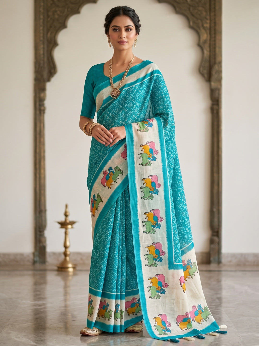 Peachmode Teal Pichwai Printed Linen Saree - Image 1