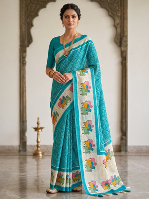Peachmode Teal Pichwai Printed Linen Saree - Image 1