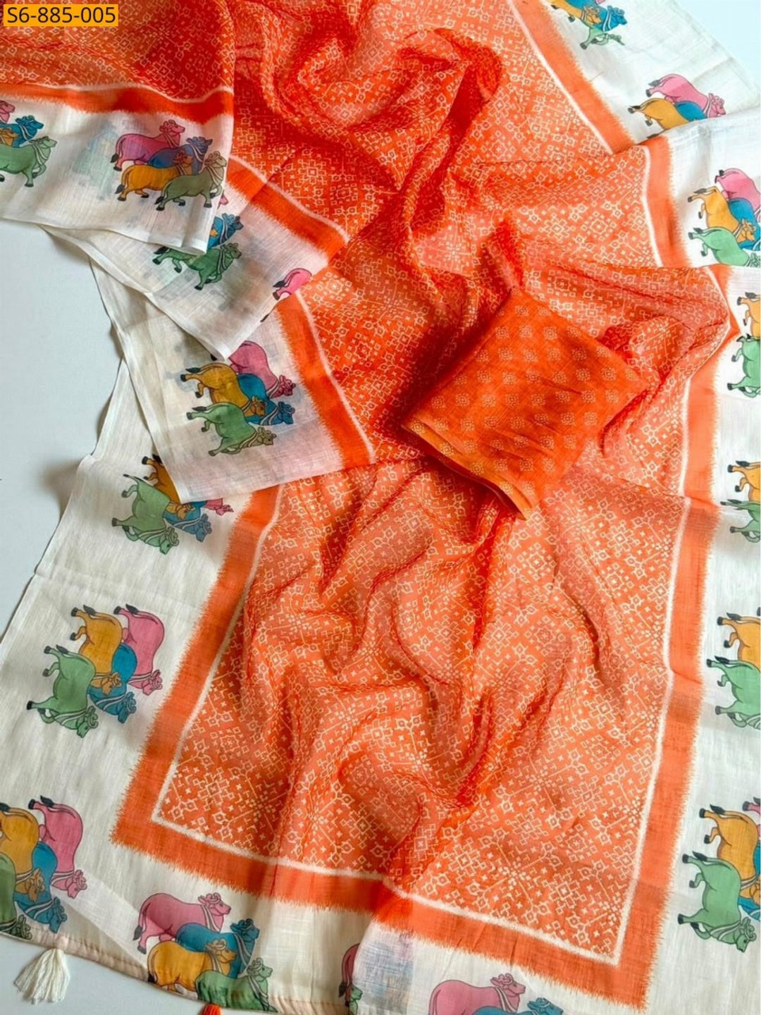 Peachmode Orange Pichwai Printed Linen Saree - Image 2