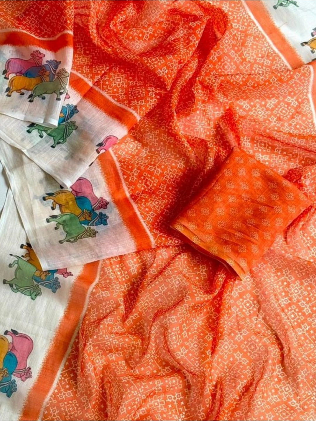 Peachmode Orange Pichwai Printed Linen Saree - Image 3
