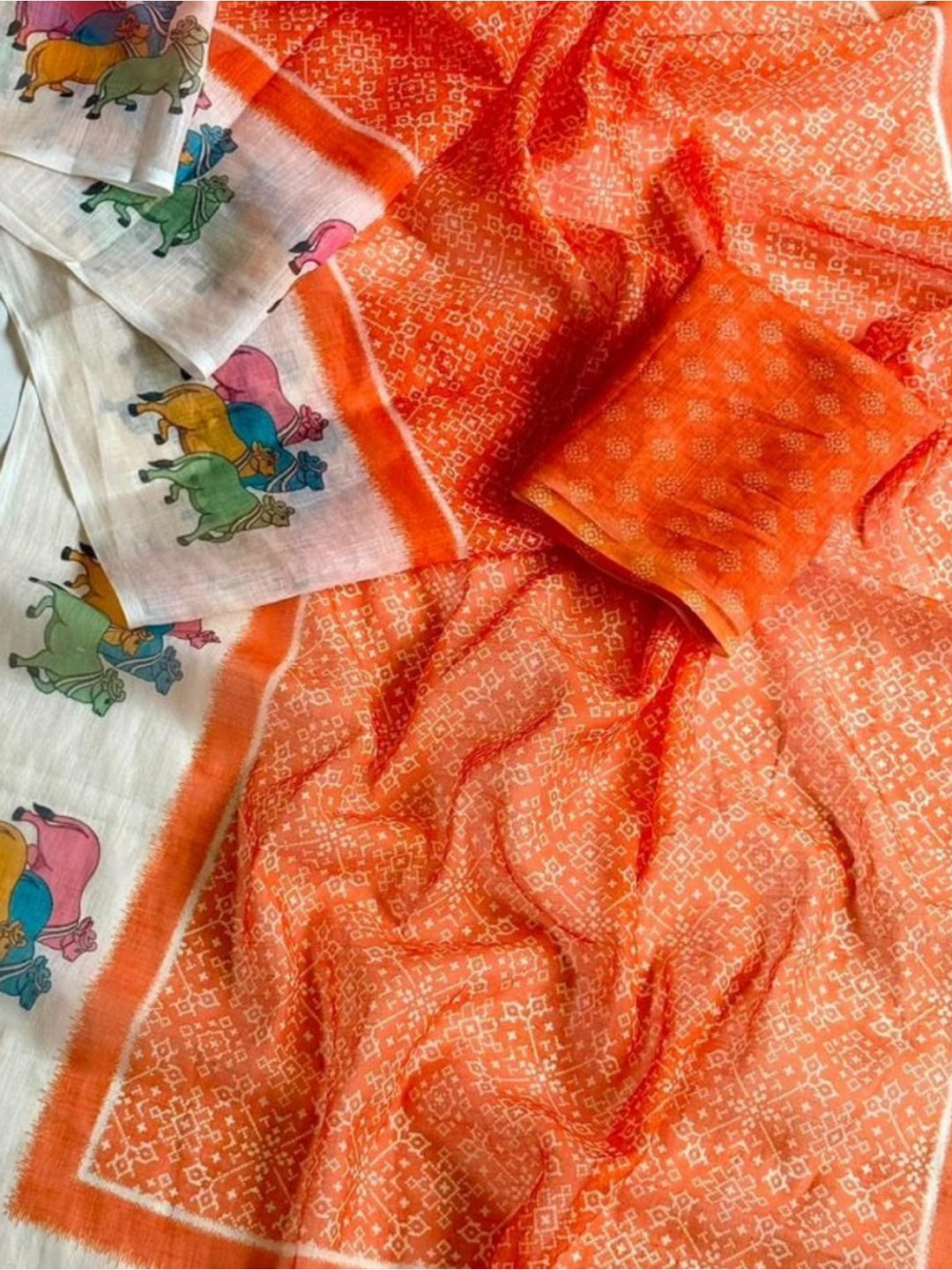 Peachmode Orange Pichwai Printed Linen Saree - Image 4
