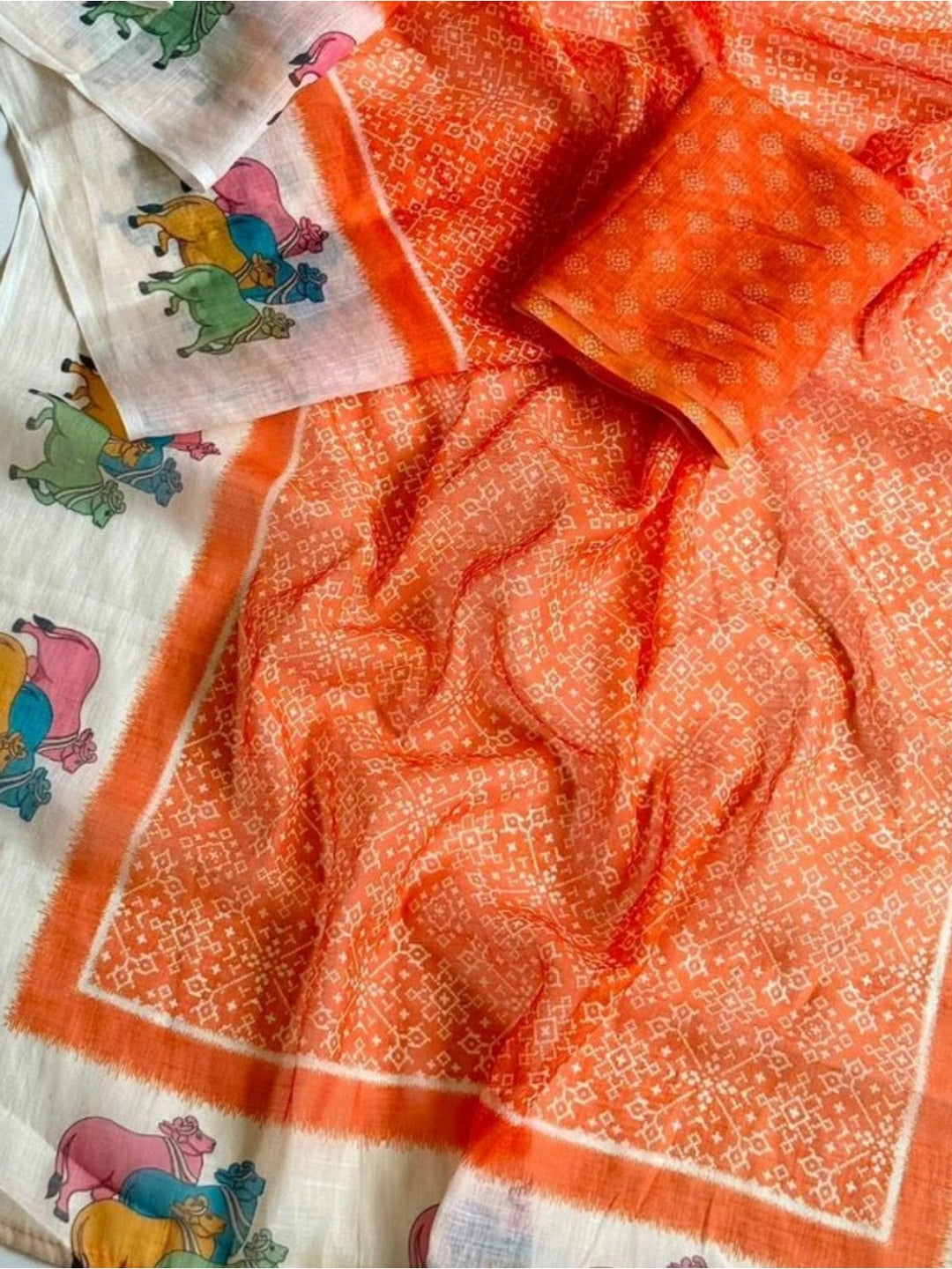 Peachmode Orange Pichwai Printed Linen Saree - Image 5