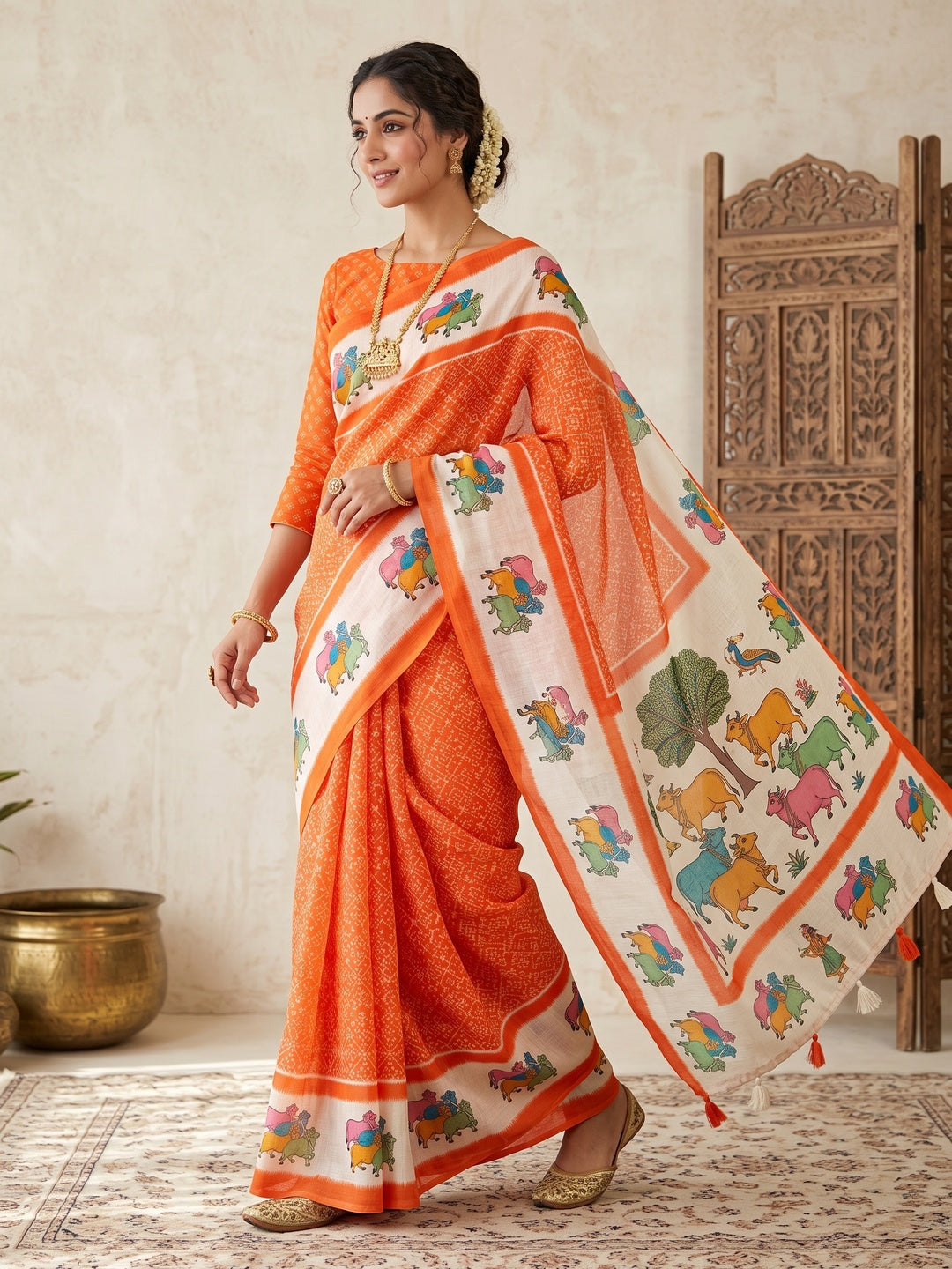 Peachmode Orange Pichwai Printed Linen Saree - Image 1