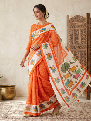 Peachmode Orange Pichwai Printed Linen Saree - Image 1