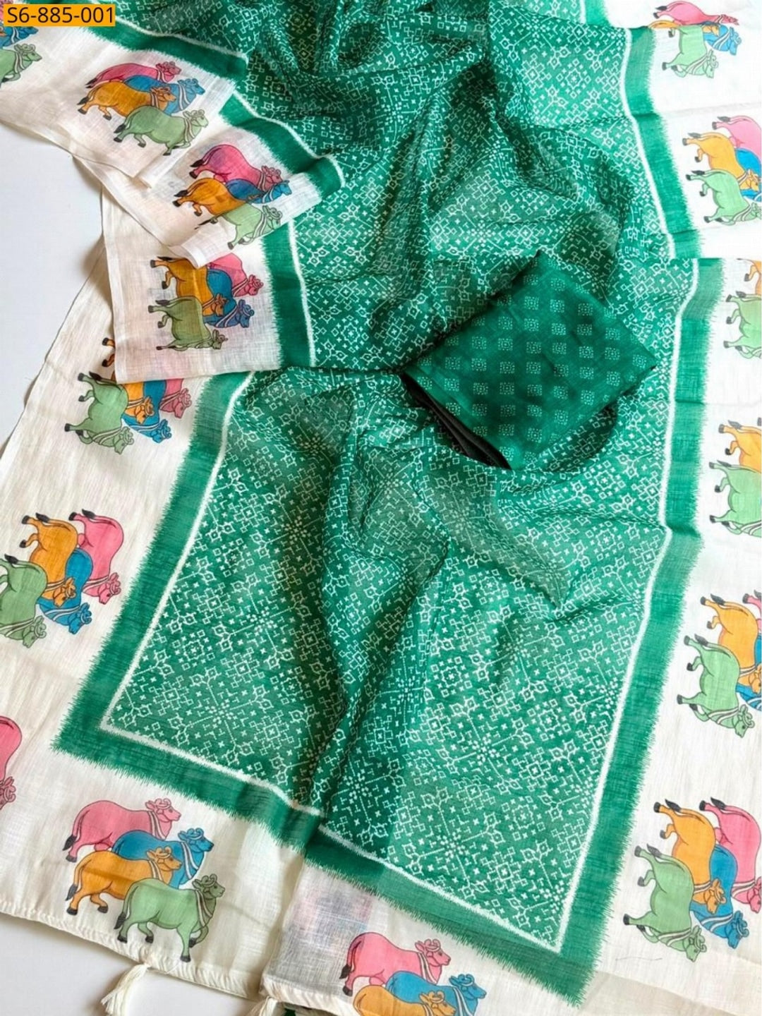 Peachmode Green Pichwai Printed Linen Saree - Image 2
