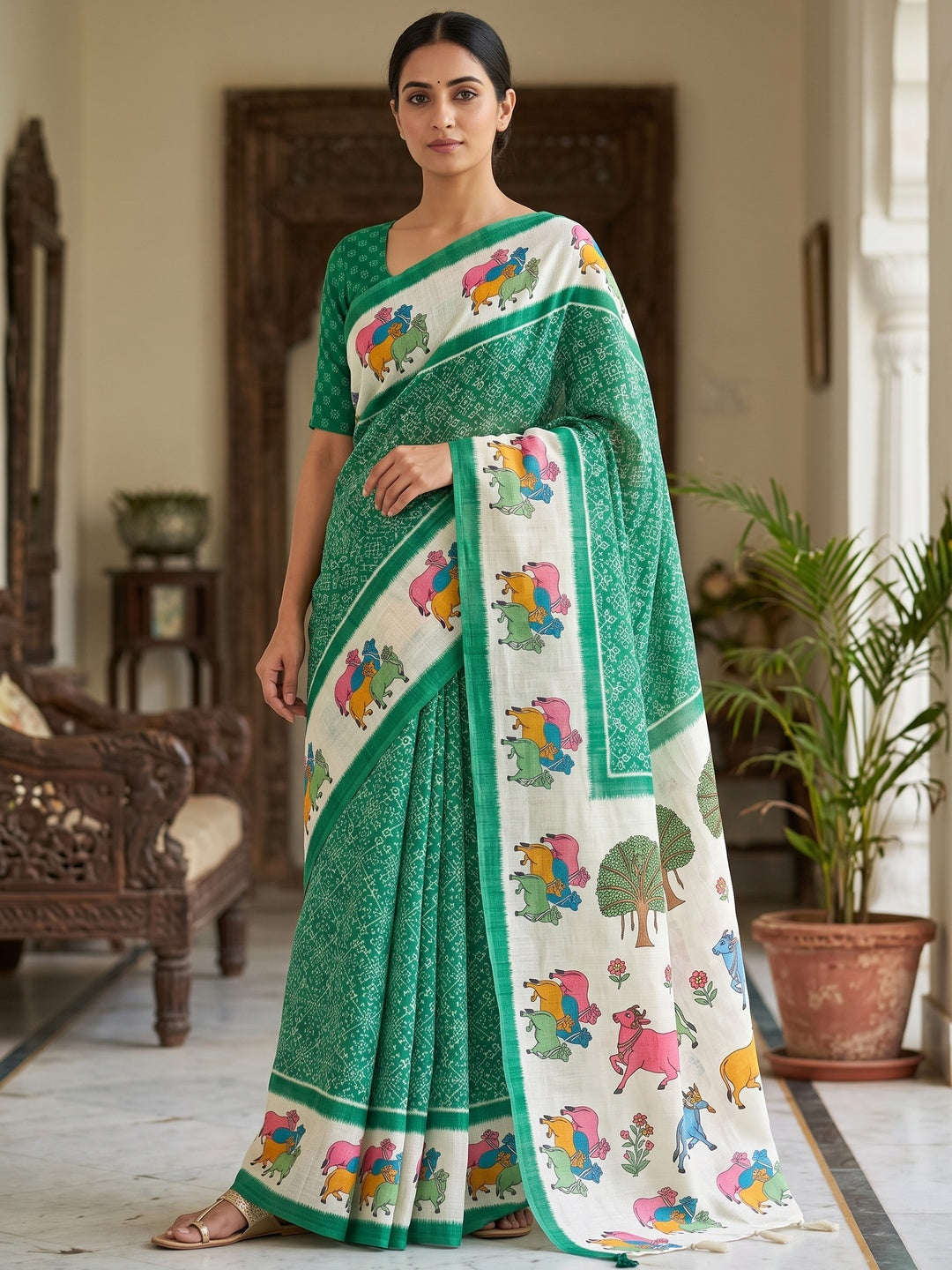 Peachmode Green Pichwai Printed Linen Saree - Image 1