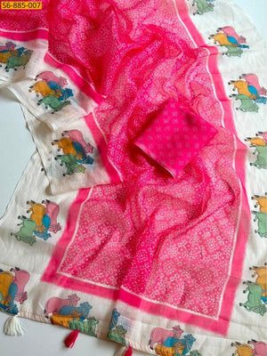 Peachmode Pink Pichwai Printed Linen Saree - Image 2
