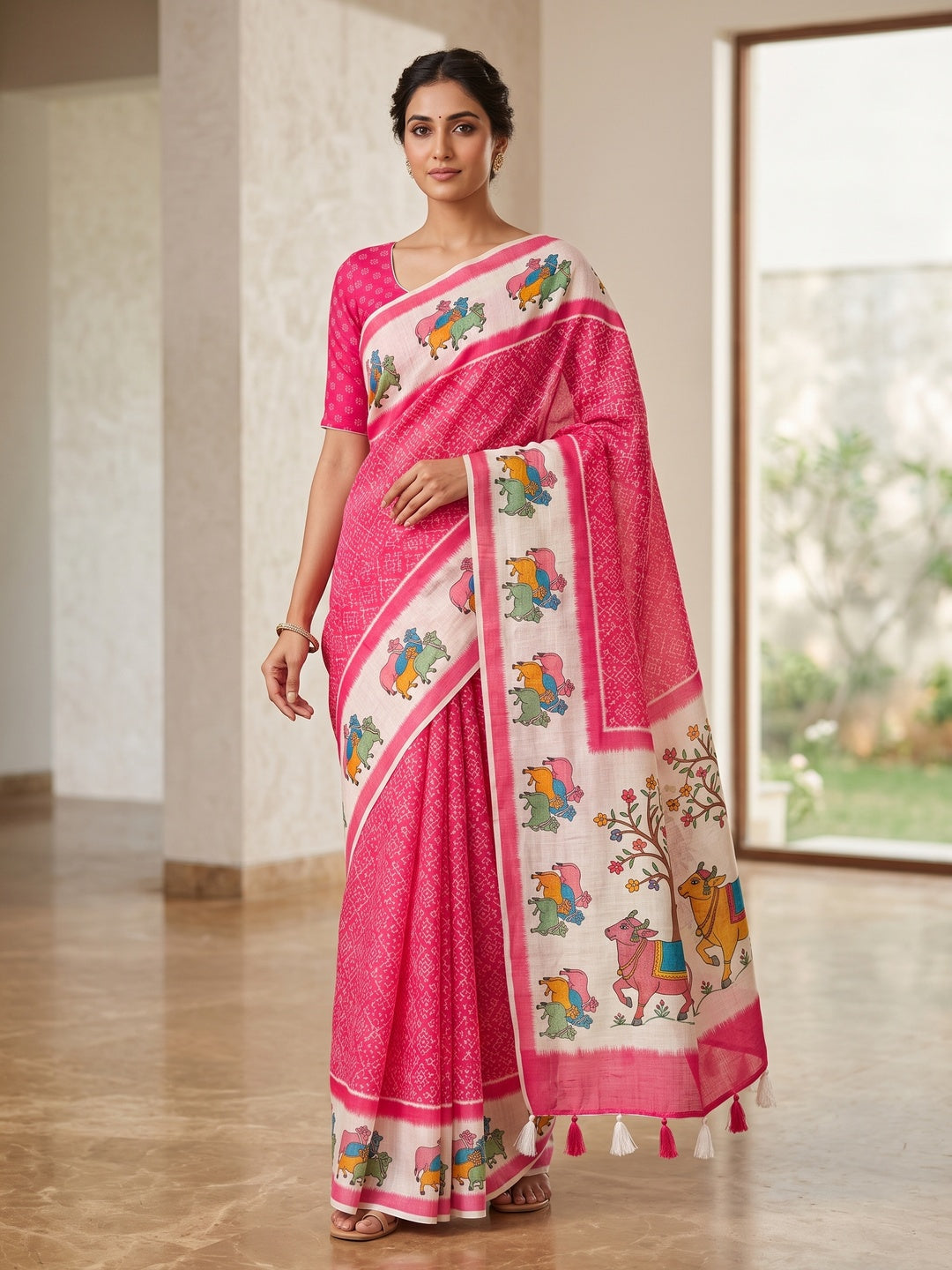 Peachmode Pink Pichwai Printed Linen Saree - Image 1