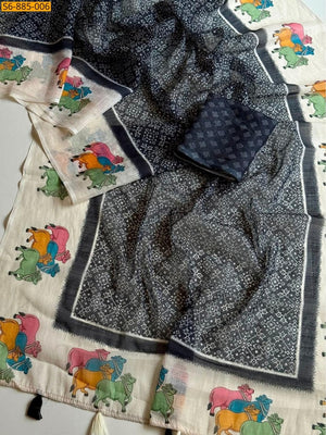 Peachmode Black Pichwai Printed Linen Saree - Image 2