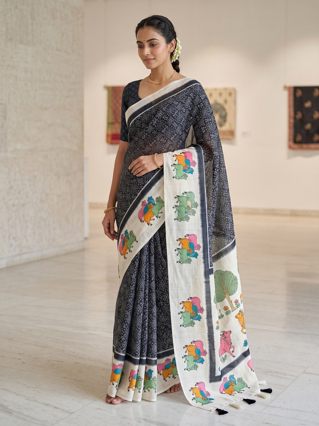 Peachmode Black Pichwai Printed Linen Saree - Image 1