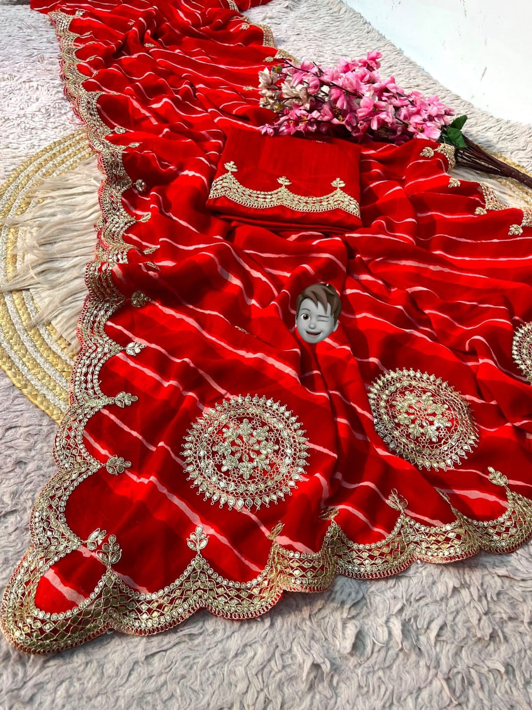 Peachmode Red Embroidered Leheriya Georgette Saree - Image 4