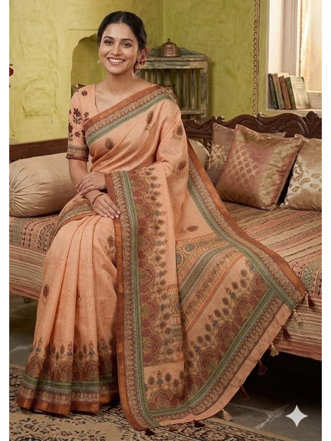Peachmode Peach Botanical Printed Linen Saree - Image 2