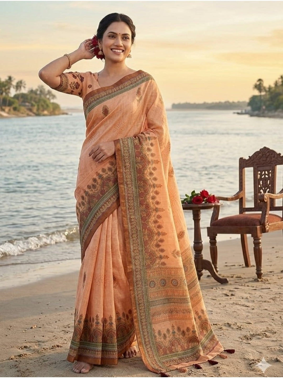 Peachmode Peach Botanical Printed Linen Saree - Image 1