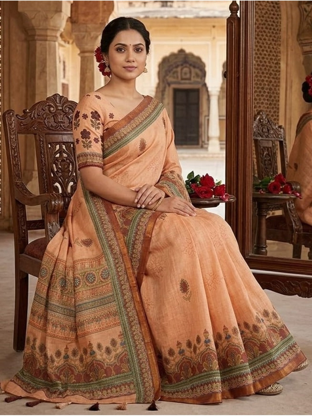Peachmode Peach Botanical Printed Linen Saree - Image 3