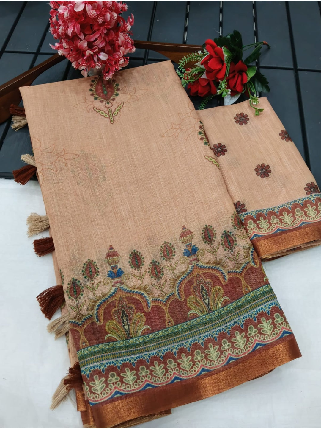 Peachmode Peach Botanical Printed Linen Saree - Image 5