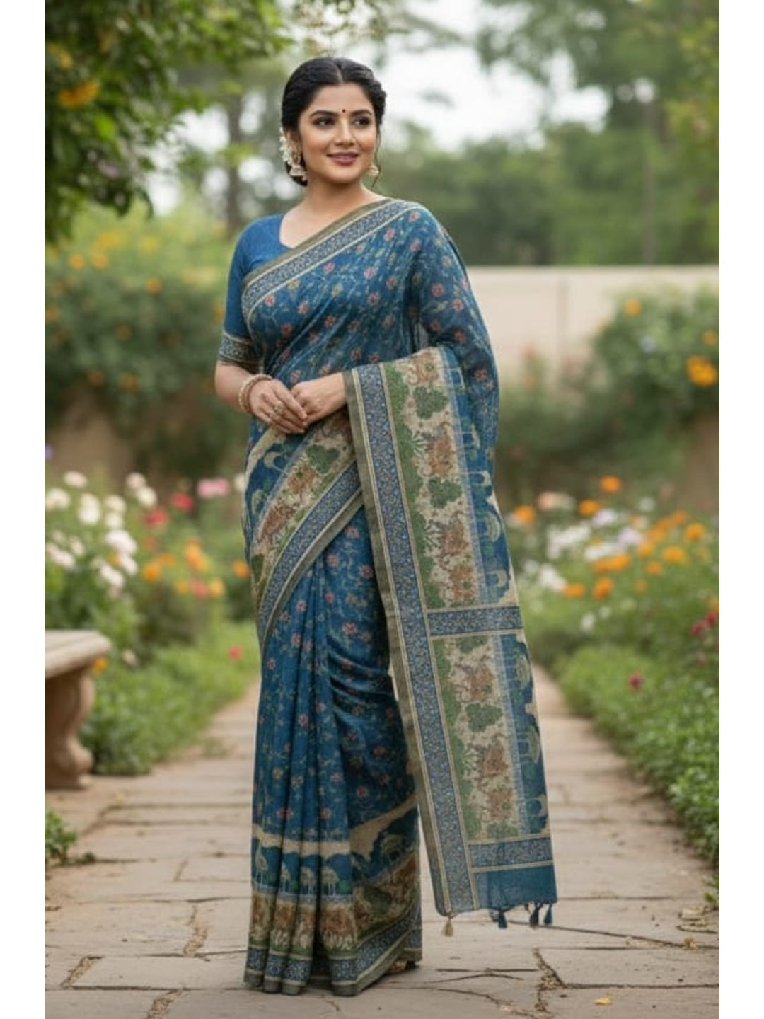 Peachmode Blue Floral Printed Linen Saree - Image 1