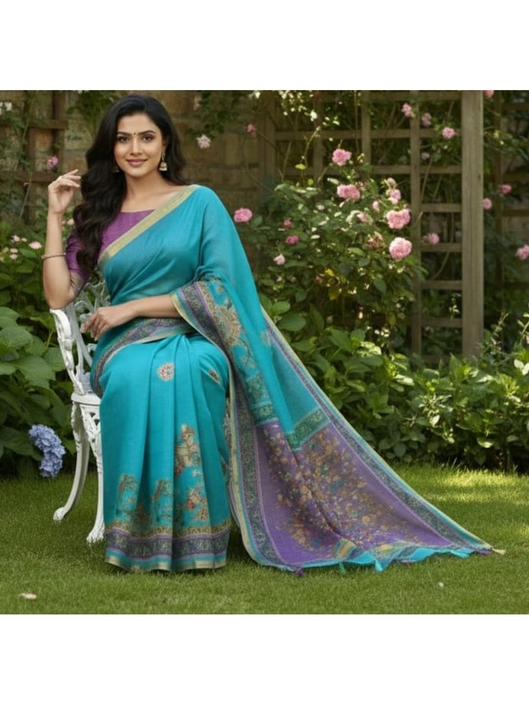 Peachmode Teal Floral Pallu Linen Saree - Image 2