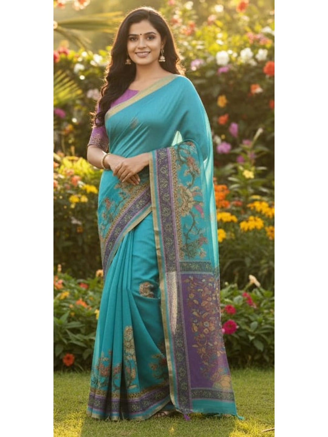 Peachmode Teal Floral Pallu Linen Saree - Image 3