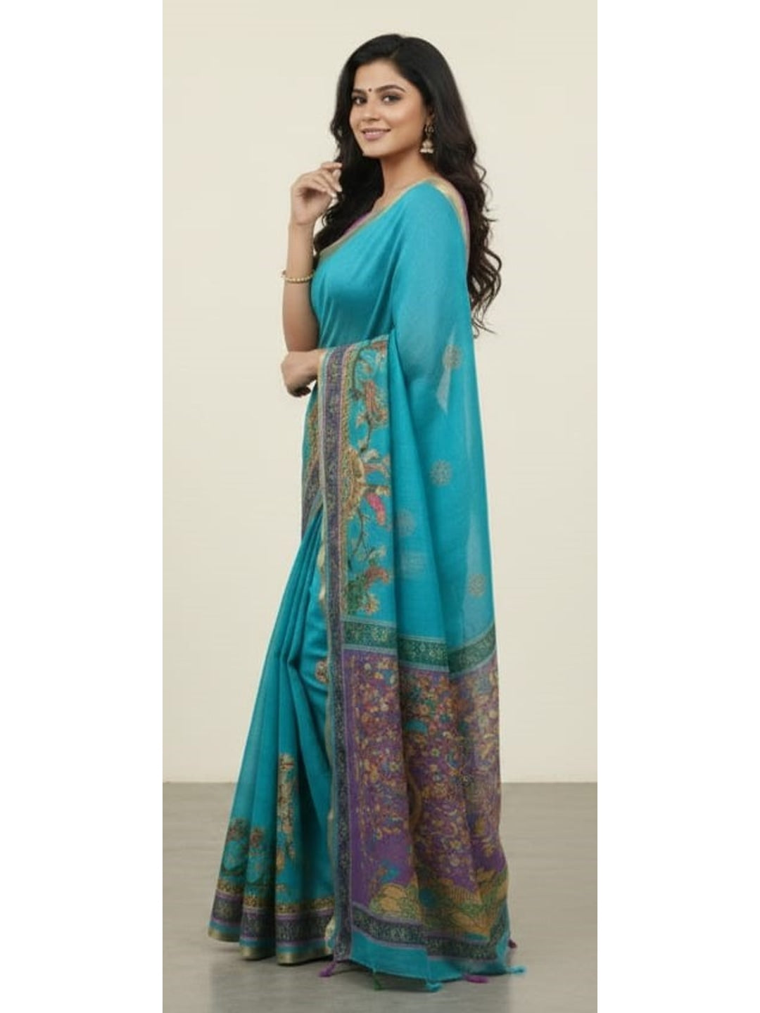 Peachmode Teal Floral Pallu Linen Saree - Image 4