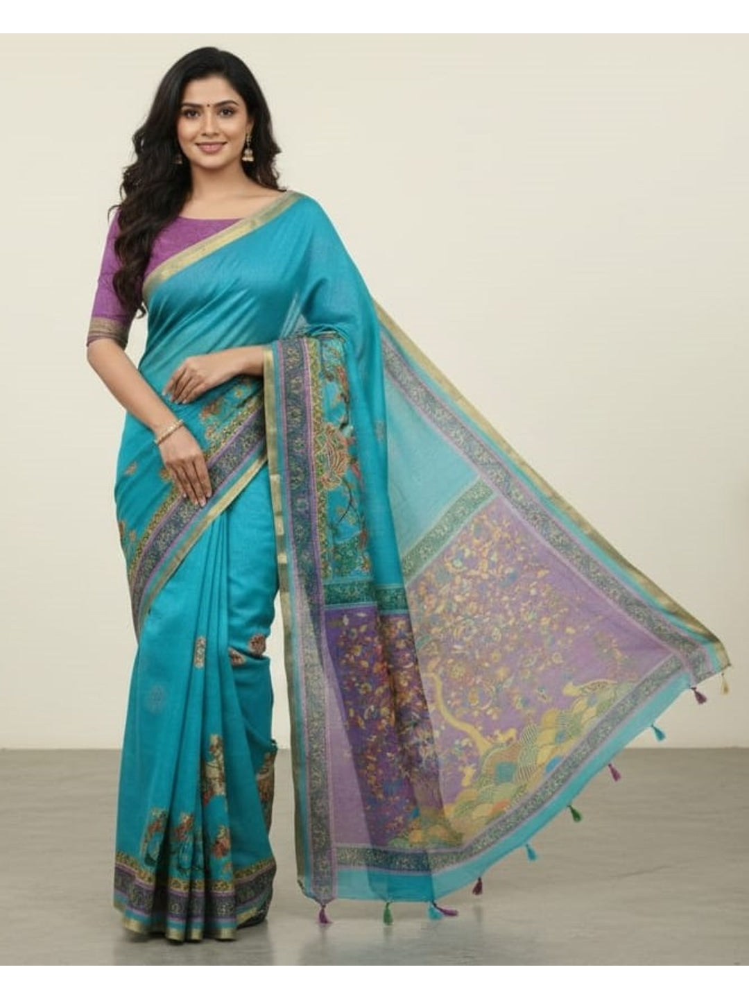 Peachmode Teal Floral Pallu Linen Saree - Image 1
