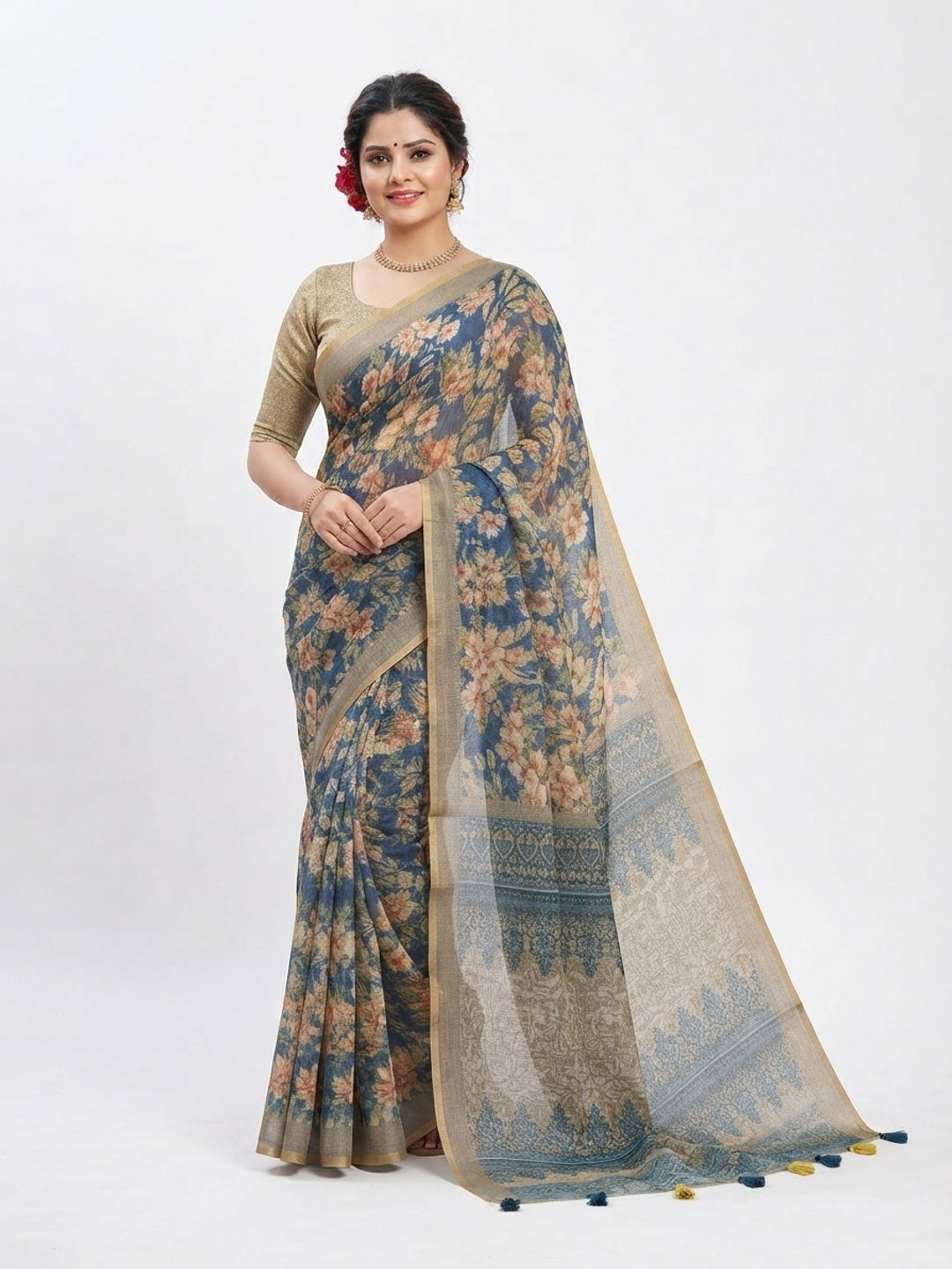 Peachmode Blue Grey Floral Printed Linen Saree - Image 1