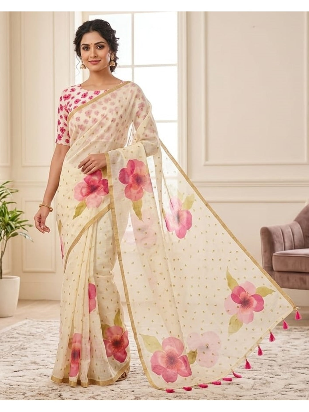 Peachmode Cream Pink Floral Printed Linen Saree - Image 1