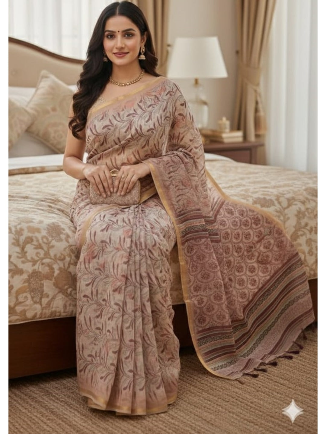 Peachmode Beige Botanical Printed Linen Saree - Image 1