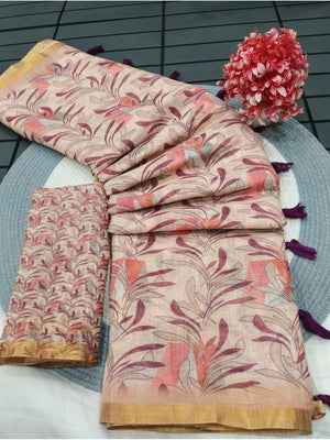 Peachmode Beige Botanical Printed Linen Saree - Image 2