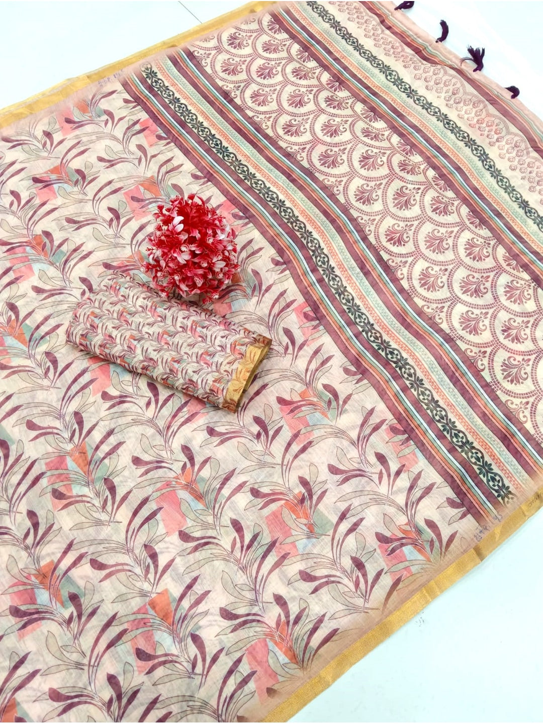 Peachmode Beige Botanical Printed Linen Saree - Image 4