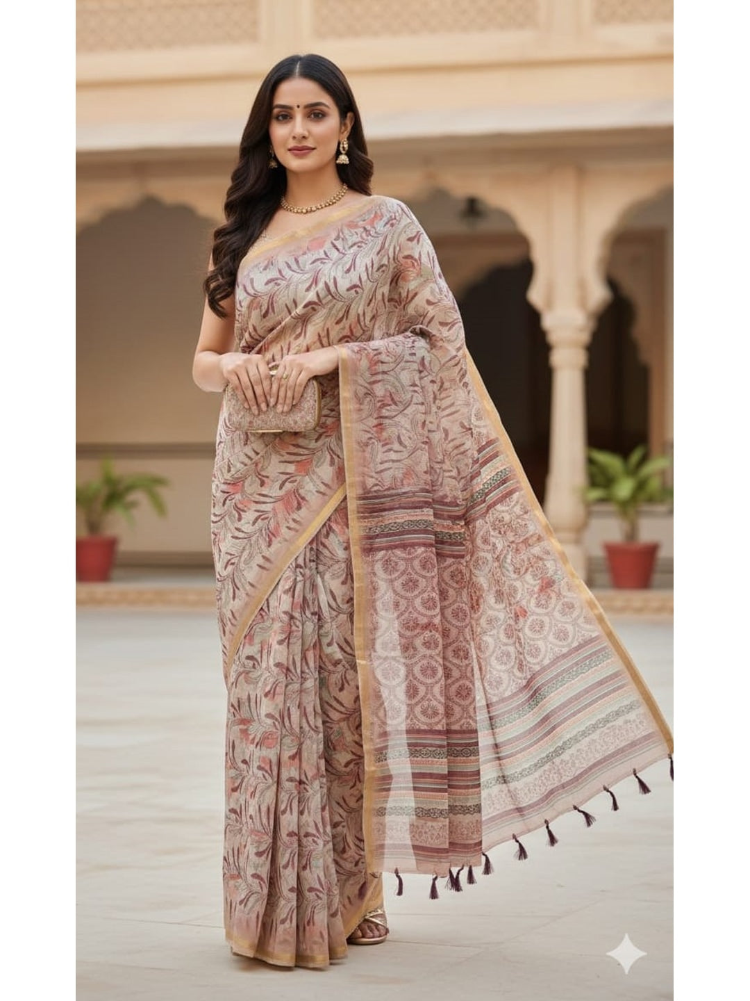 Peachmode Beige Botanical Printed Linen Saree - Image 5