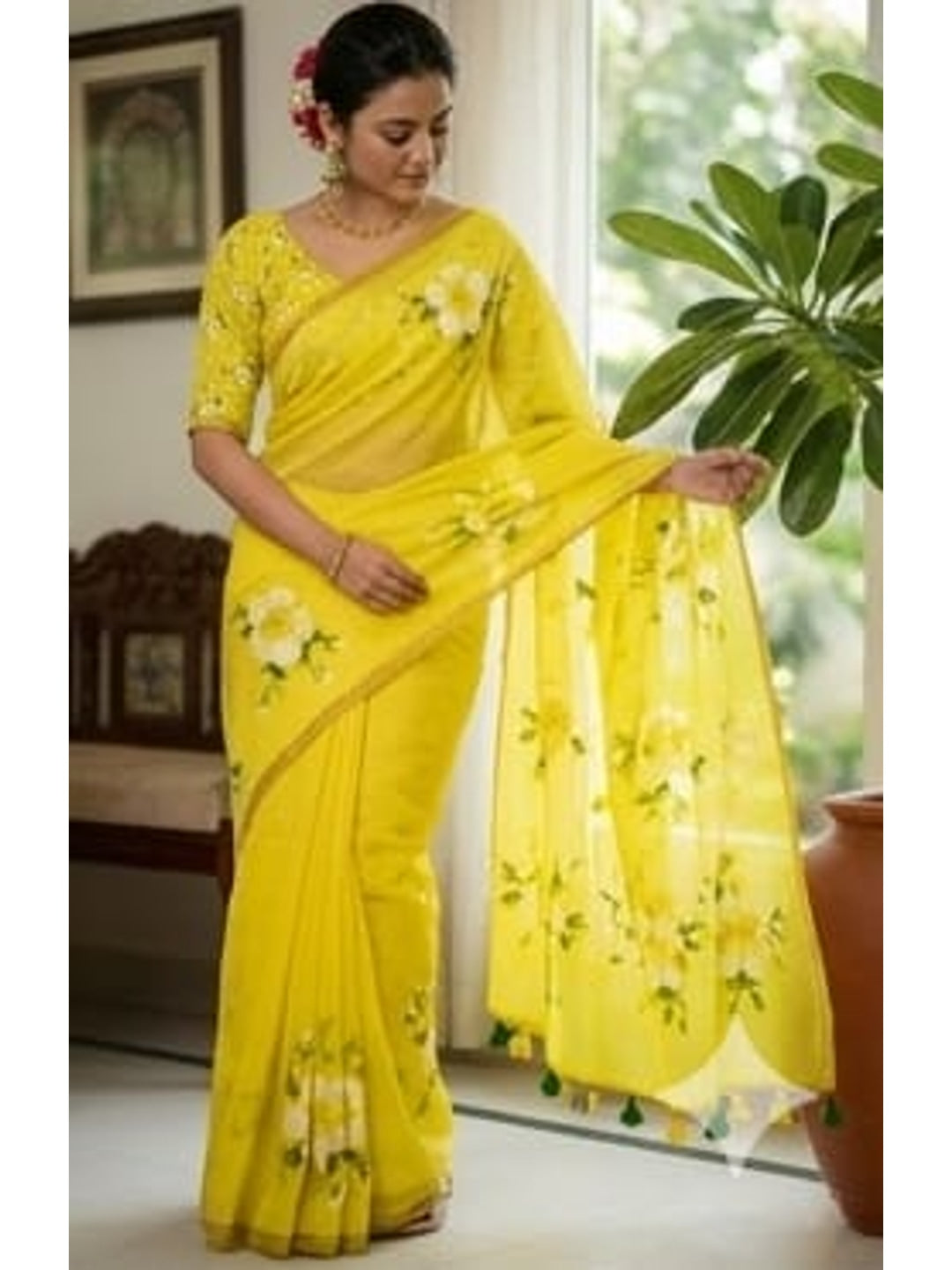Peachmode Yellow Floral Printed Linen Saree - Image 1