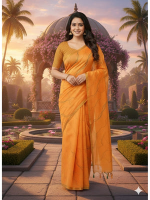 Peachmode Orange Line Printed Linen Saree - Image 1