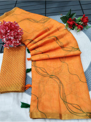 Peachmode Orange Line Printed Linen Saree - Image 2