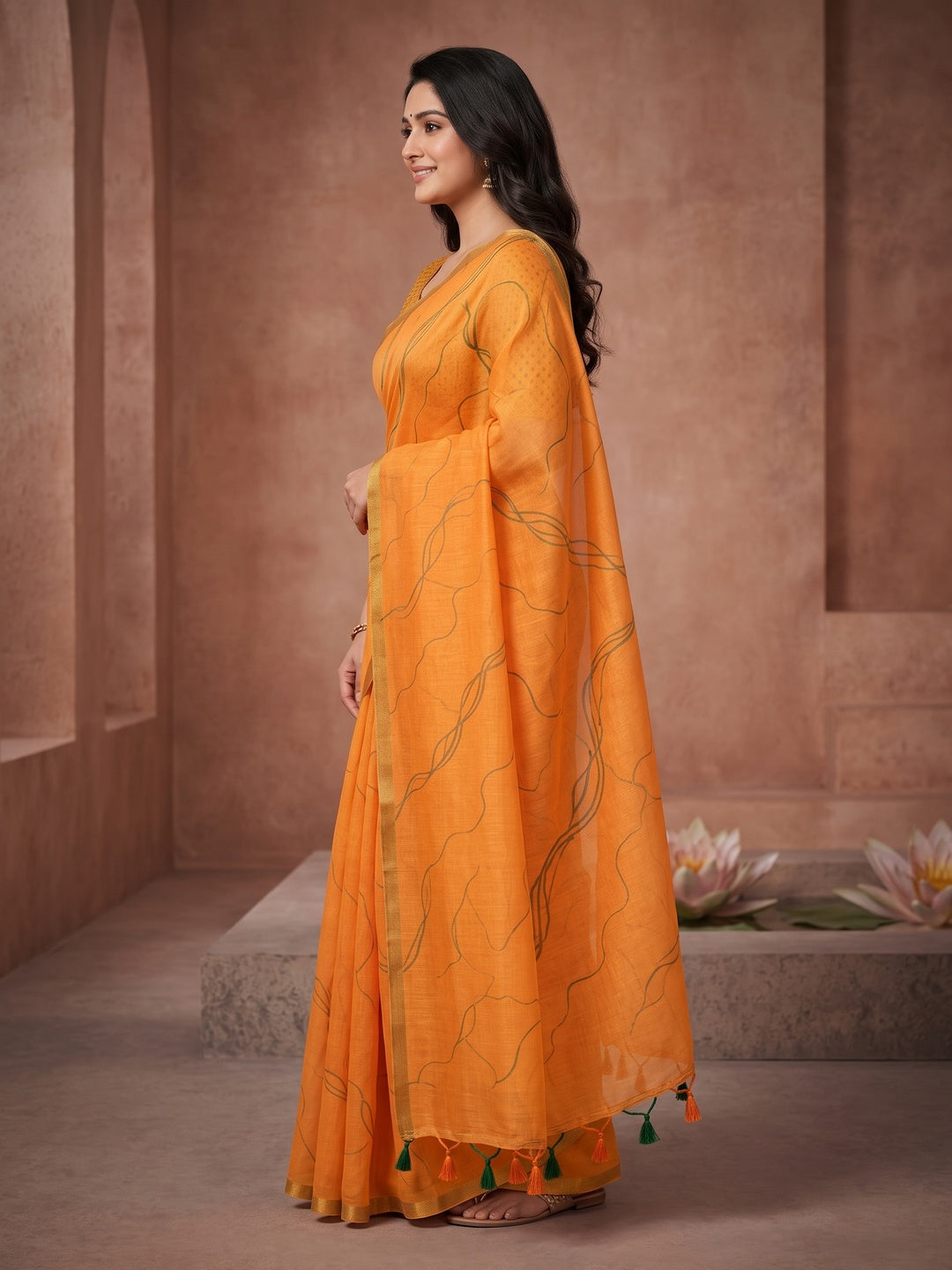 Peachmode Orange Line Printed Linen Saree - Image 4