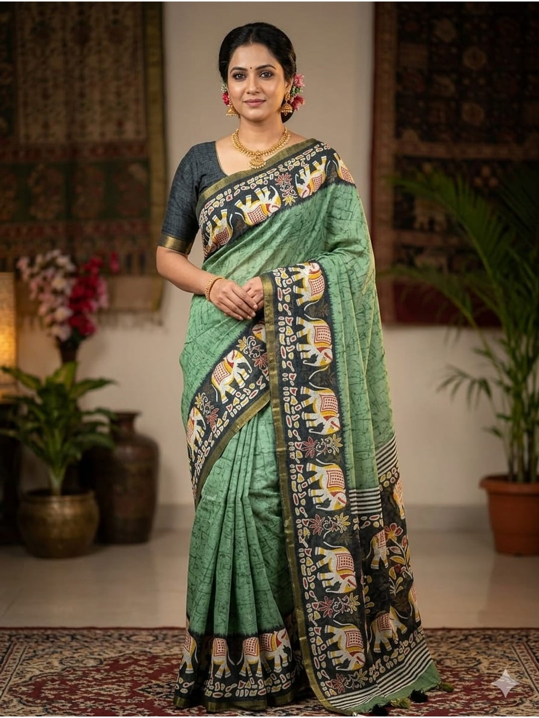 Peachmode Green Elephant Border Linen Saree - Image 1
