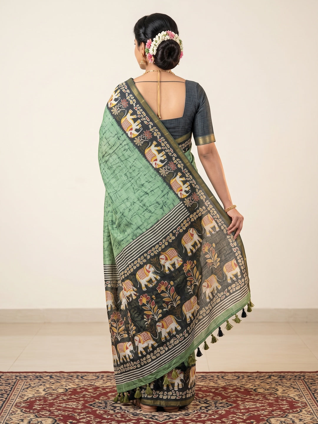 Peachmode Green Elephant Border Linen Saree - Image 5