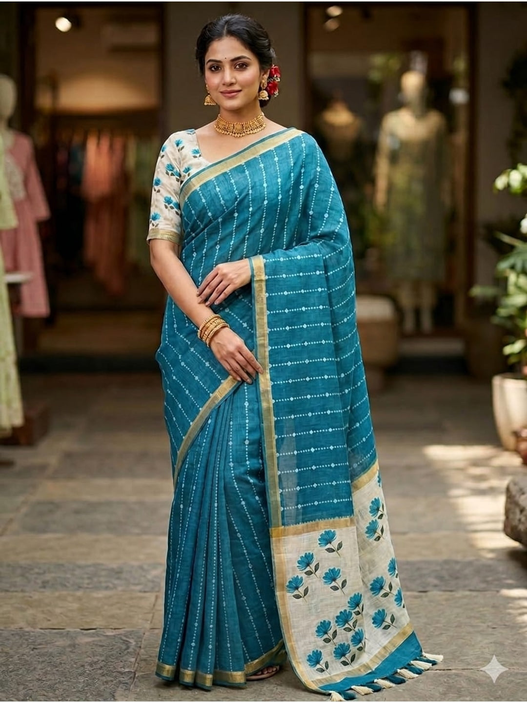 Peachmode Teal Floral Pallu Linen Saree - Image 1