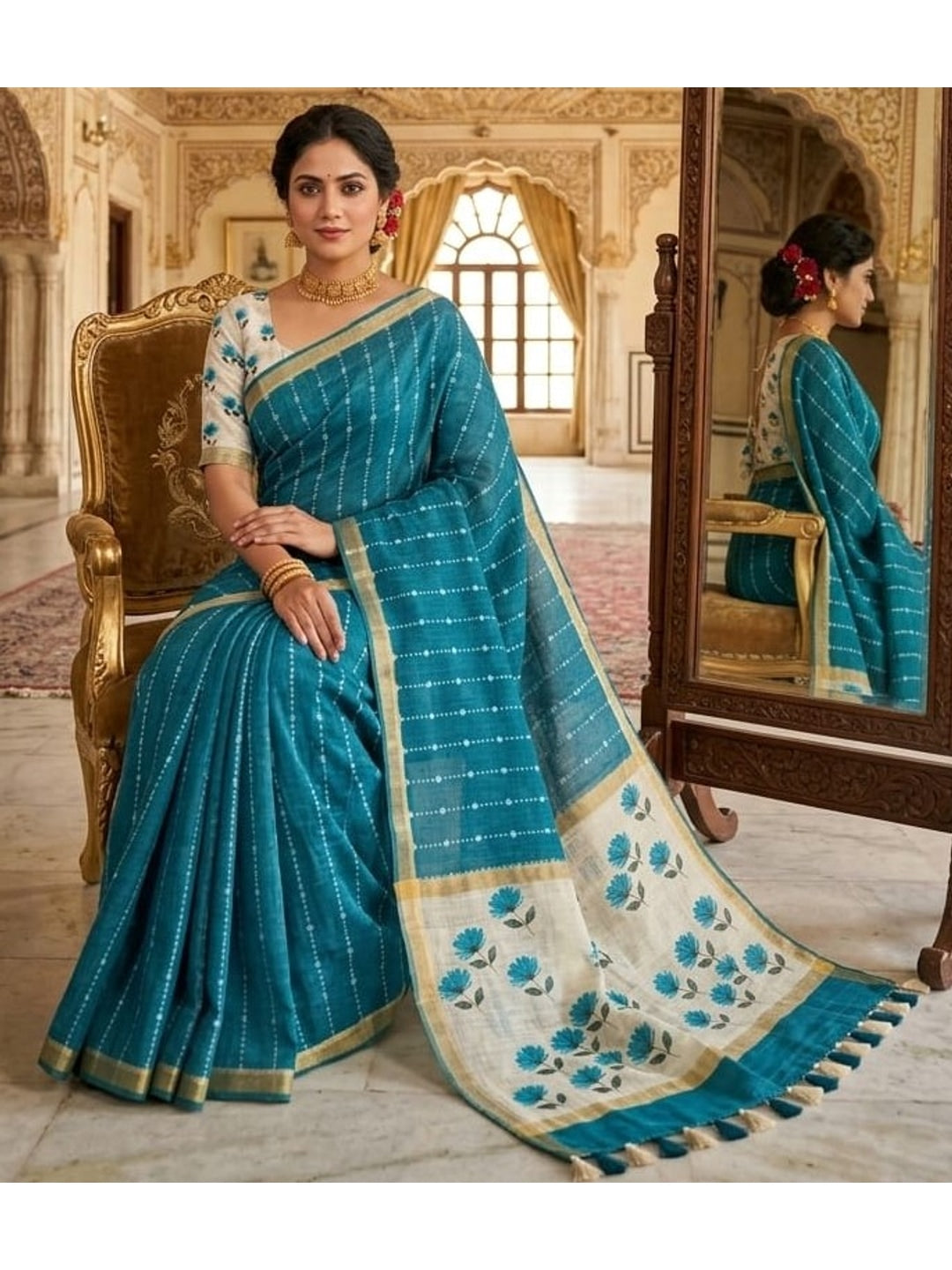 Peachmode Teal Floral Pallu Linen Saree - Image 2
