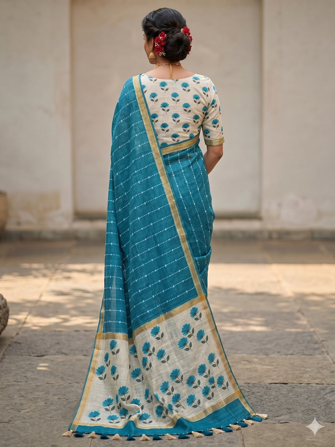 Peachmode Teal Floral Pallu Linen Saree - Image 5
