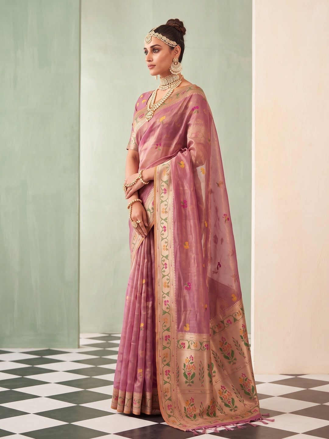 Peachmode Mauve Woven Tissue Silk Saree - Image 4